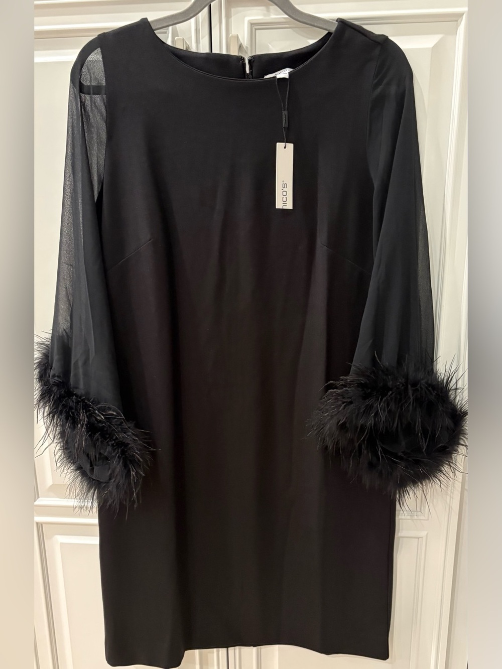 Chicos Black Feather Cuff Sheer Sleeve Dress